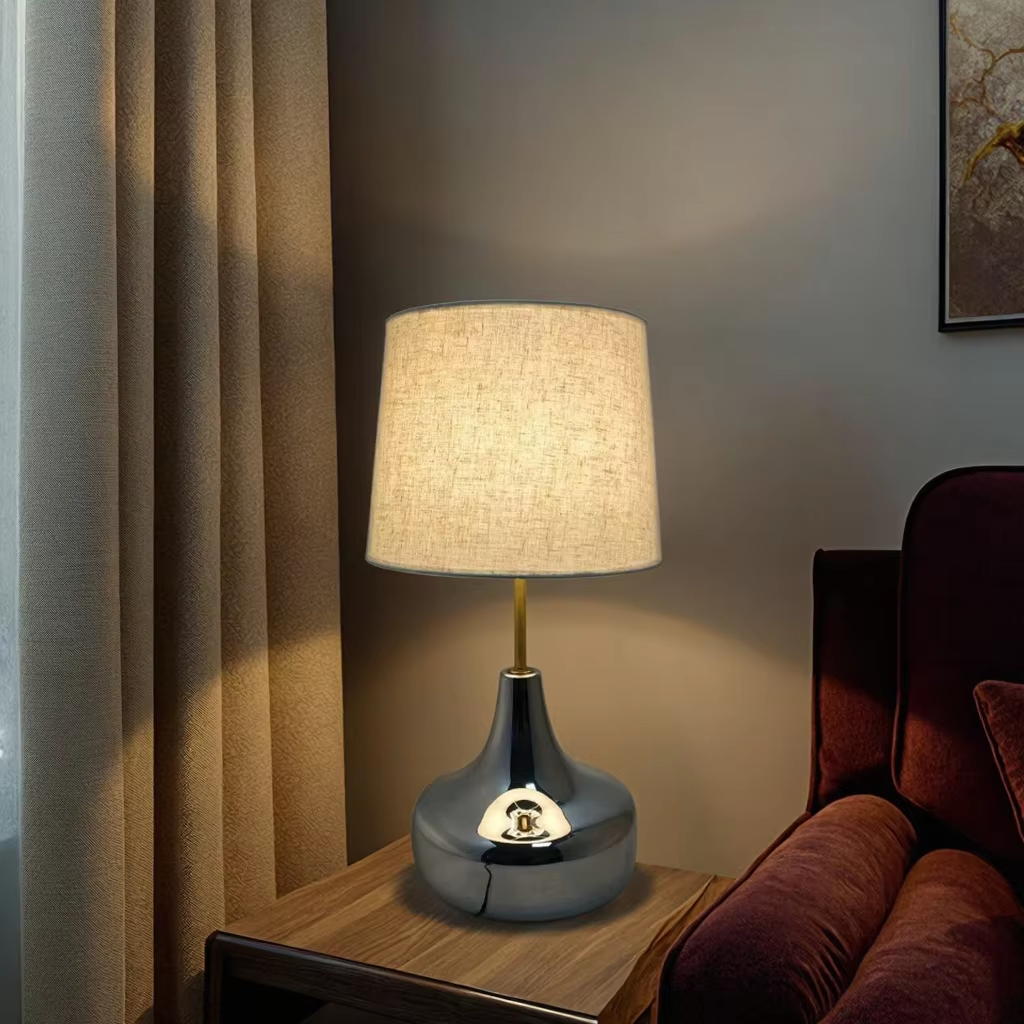 Modern Elegance: Chrome - Glass Base Table Lamp with Linen Shade