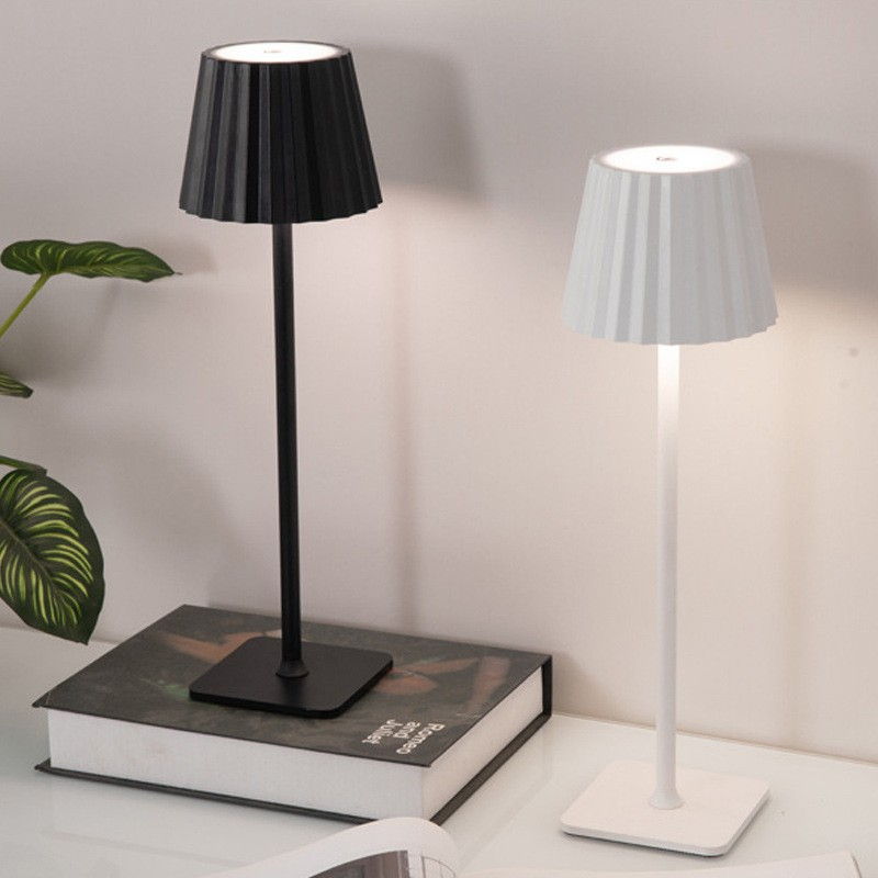 Modern Minimalist Cordless Table Lamp: Black & White Pleated Design