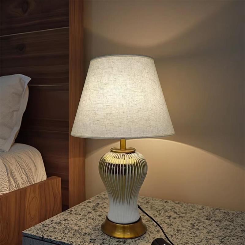 Stylish Gold Striped Ceramic Table Lamp with Linen Shade