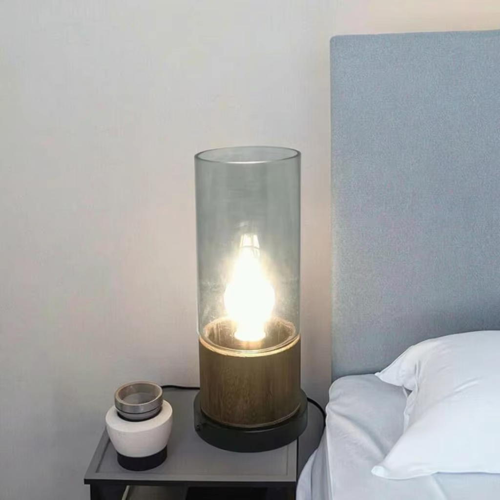 Modern Rustic Fusion: Glass, Wood, and Metal Table Lamp