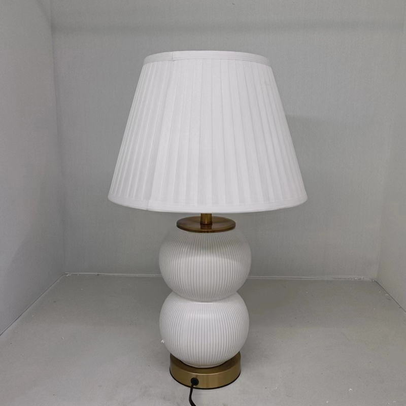 Elegant White Ceramic Table Lamp with Gold Metal Base & Fabric Shade