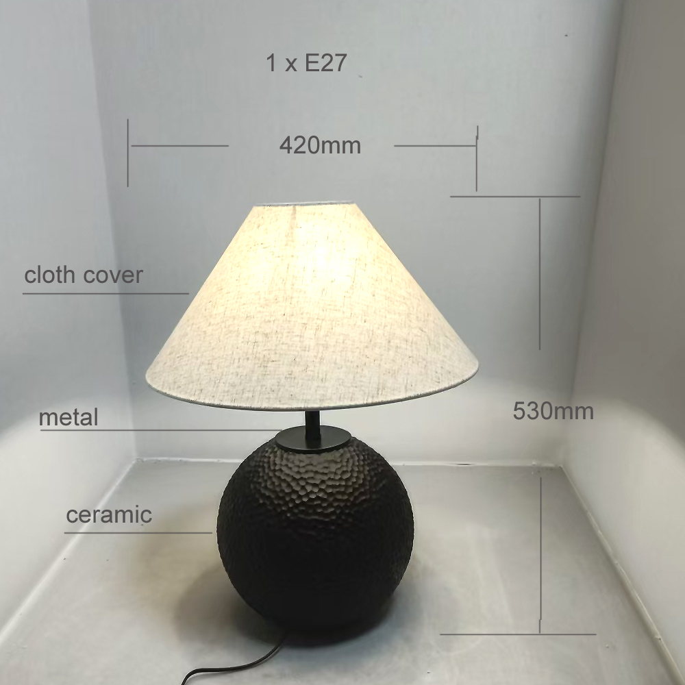Black Ceramic Base Table Lamp with 420mm Linen Shade & Metal Support