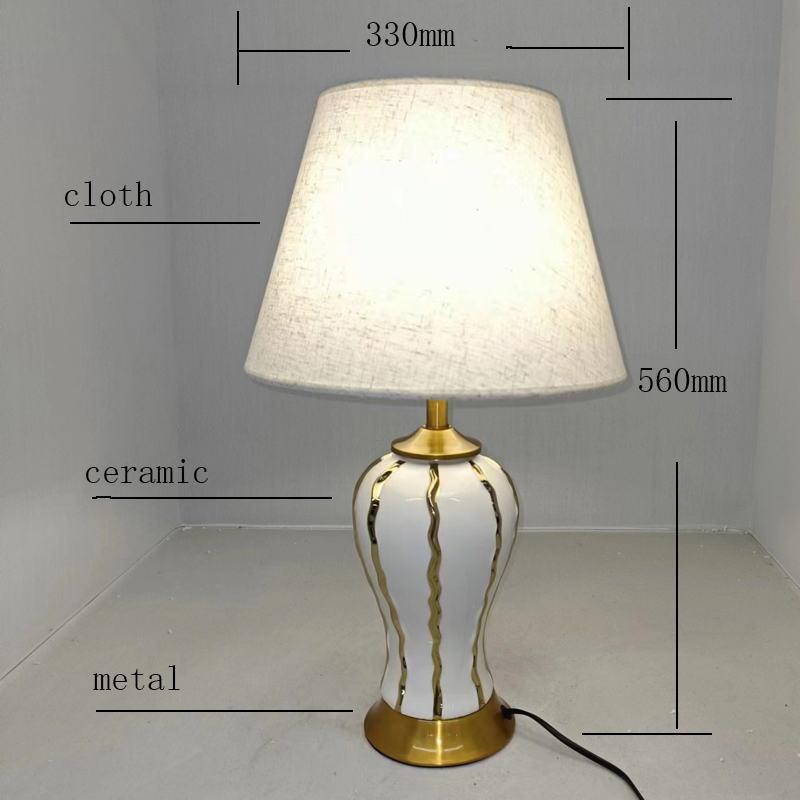 Elegant White Ceramic Table Lamp with Gold Accents & Linen Shade