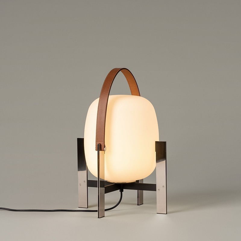 Modern Minimalist Table Lamp: Chrome Metal + Milky Glass + Brown Leather Accents