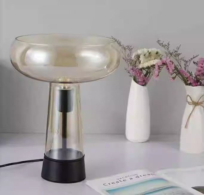 Modern Minimalist Table Lamp: Amber/Smoke Gray Glass Shade with Black Metal Base