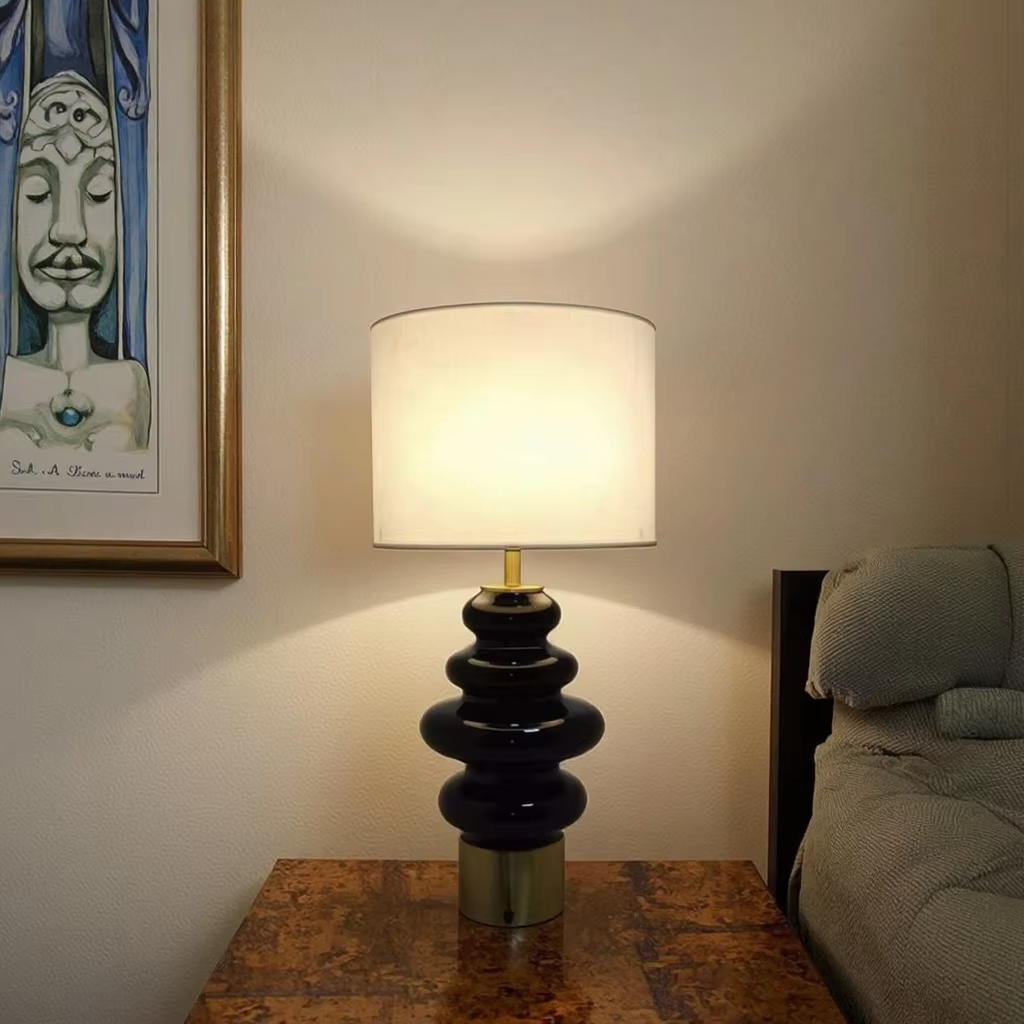 Black Glass and Gold Metal Elegance: White Linen Table Lamp for Sophisticated Spaces