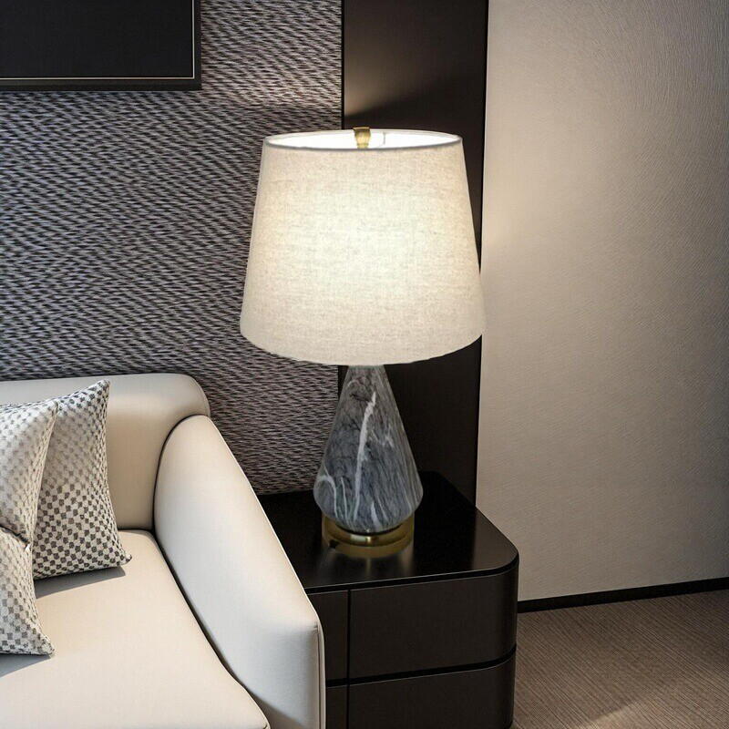 Marble - Textured Ceramic Table Lamp | Linen Shade, Brass - Tone Base, E27 Socket