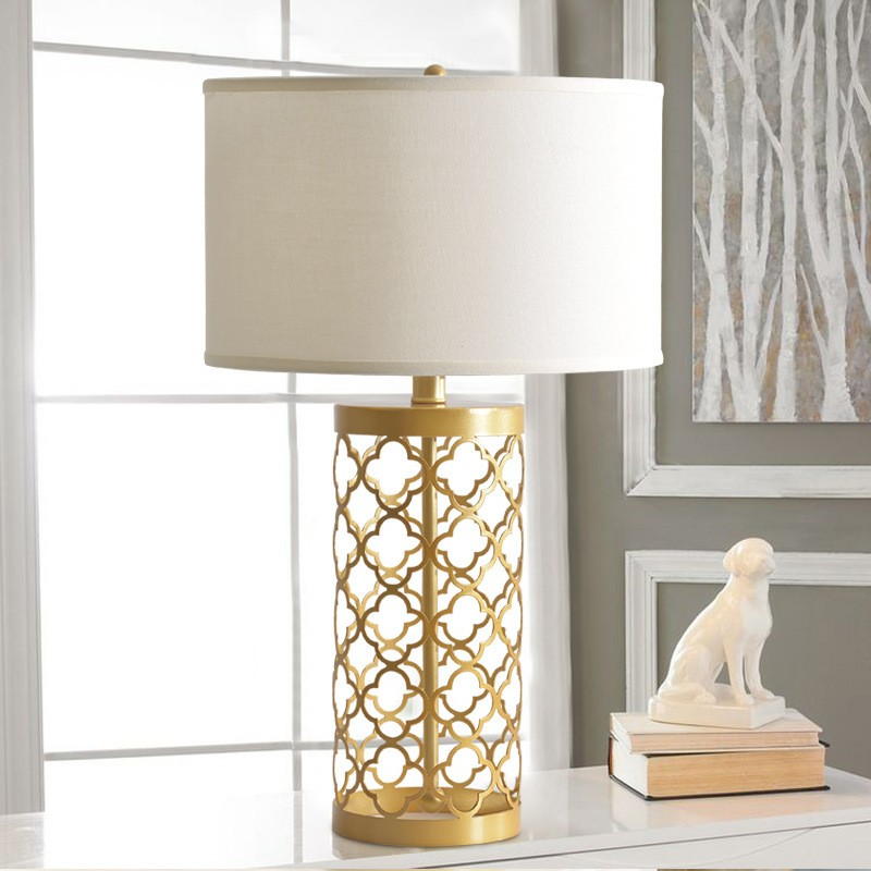 Elegant Gold - Bronze Electroplated Table Lamp: Linen Shade & Hollow - Out Design