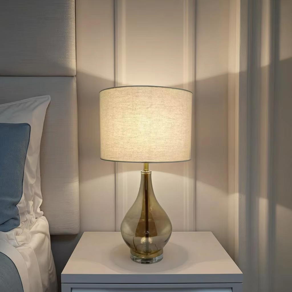 Elegant Amber Glass Table Lamp with Clear Crystal Base and Linen Shade