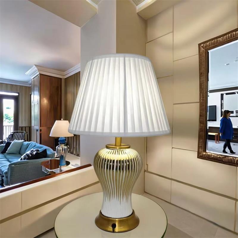 Stylish Gold Striped Ceramic Table Lamp with Linen Shade