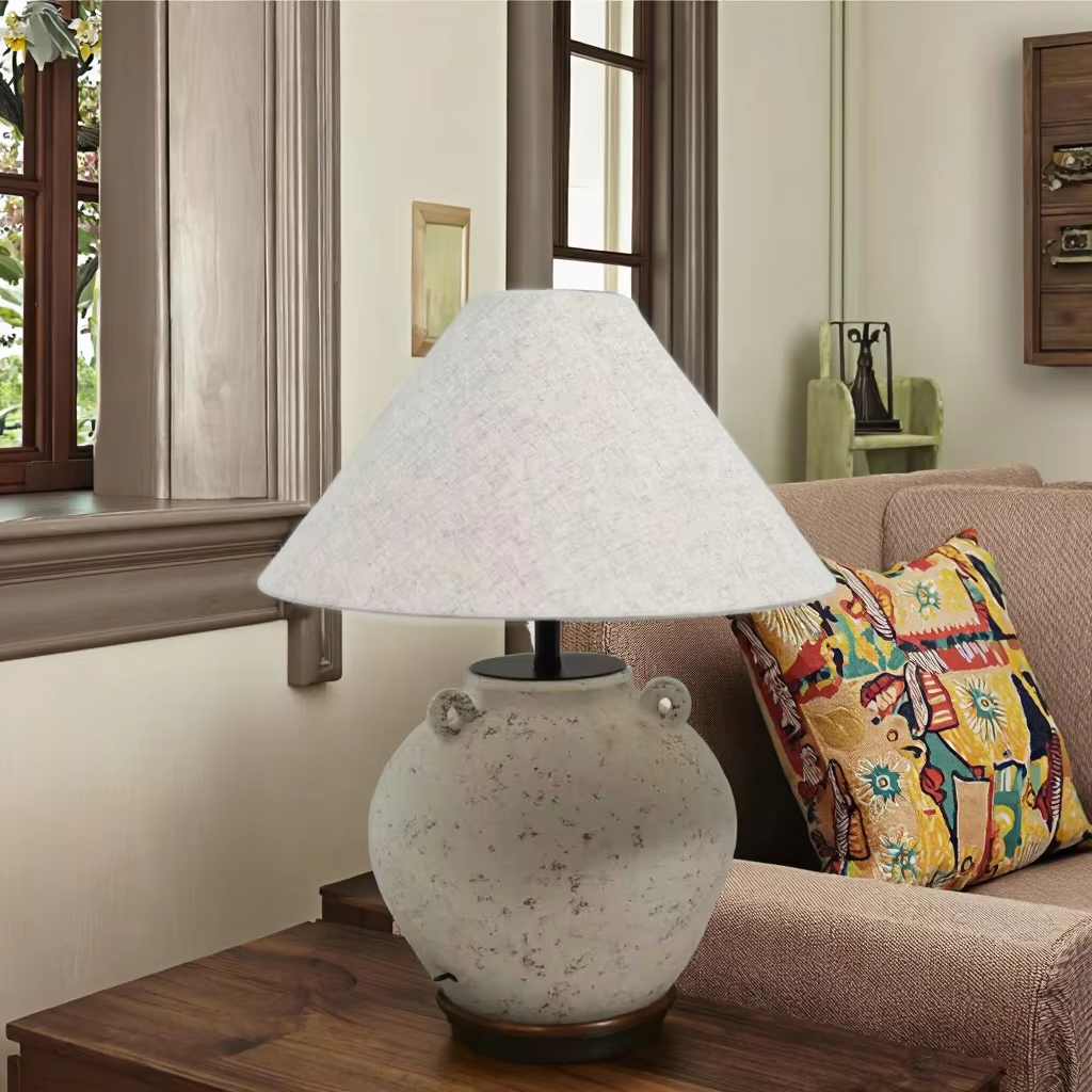 Rustic - Style Wabi - Sab Ceramic Table Lamp with Linen Shade