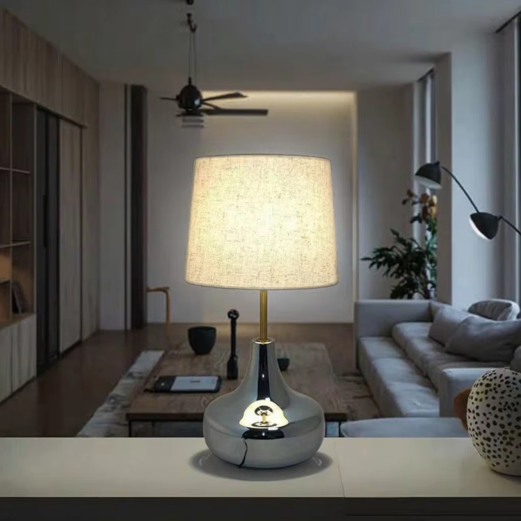 Modern Elegance: Chrome - Glass Base Table Lamp with Linen Shade