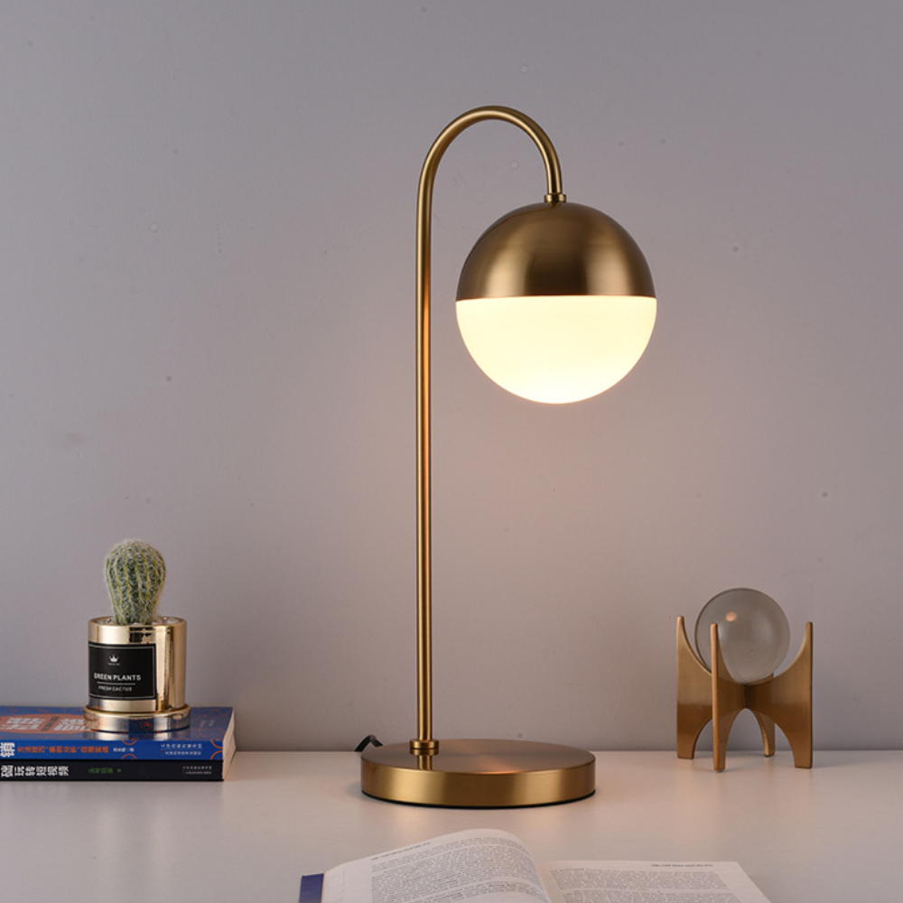 Gold Metal Arc Table Lamp with Milk - White Glass Shade（E14/E12 Base）