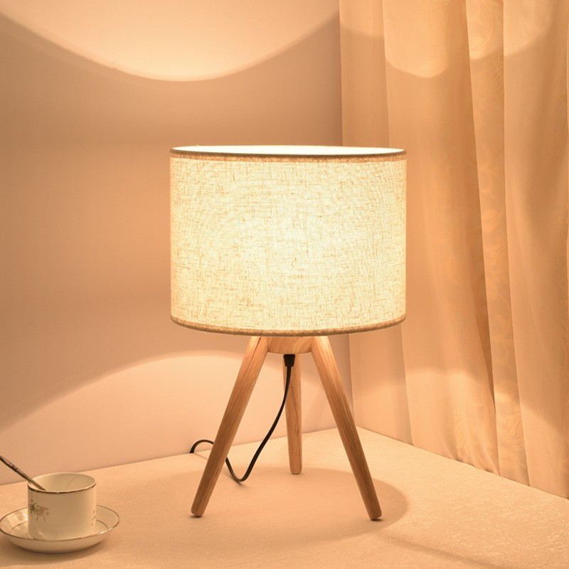 Nordic Natural Style Tripod Table Lamp: Wooden Body, Linen Shade