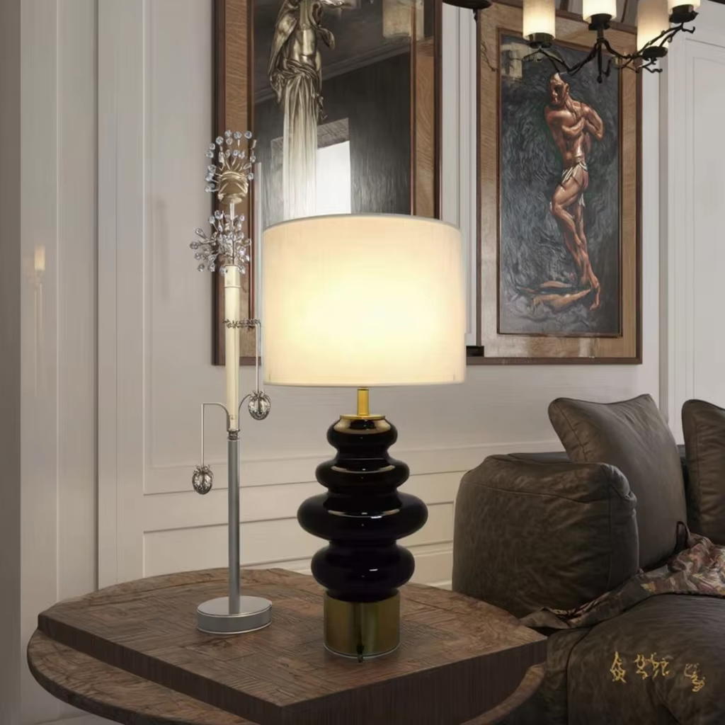 Black Glass and Gold Metal Elegance: White Linen Table Lamp for Sophisticated Spaces