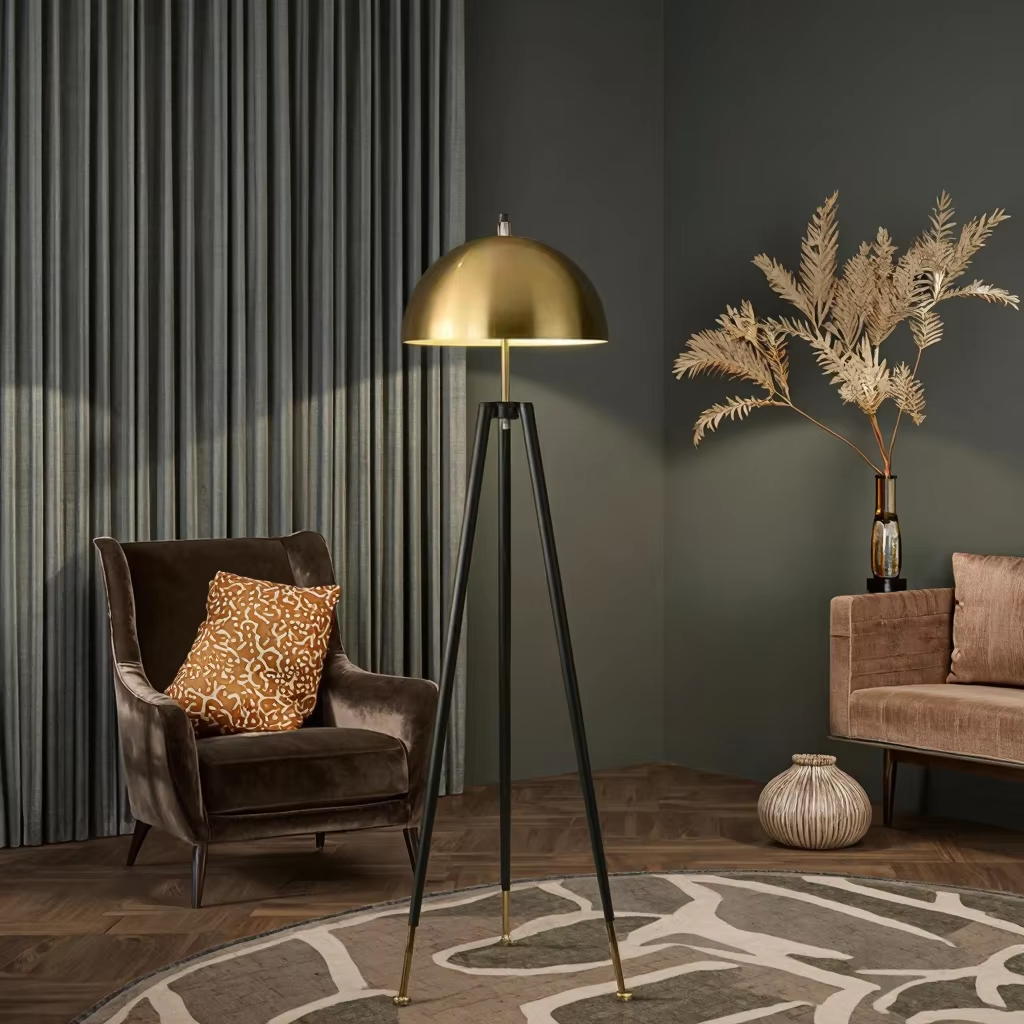Elevate Spaces with Modern Gold - Dome Tripod Floor Lamp: A Fusion of Style & Function