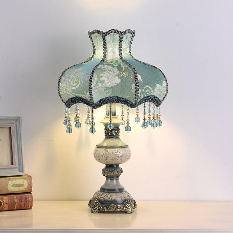 Vintage Resin Table Lamp with Fabric - Patterned Shade