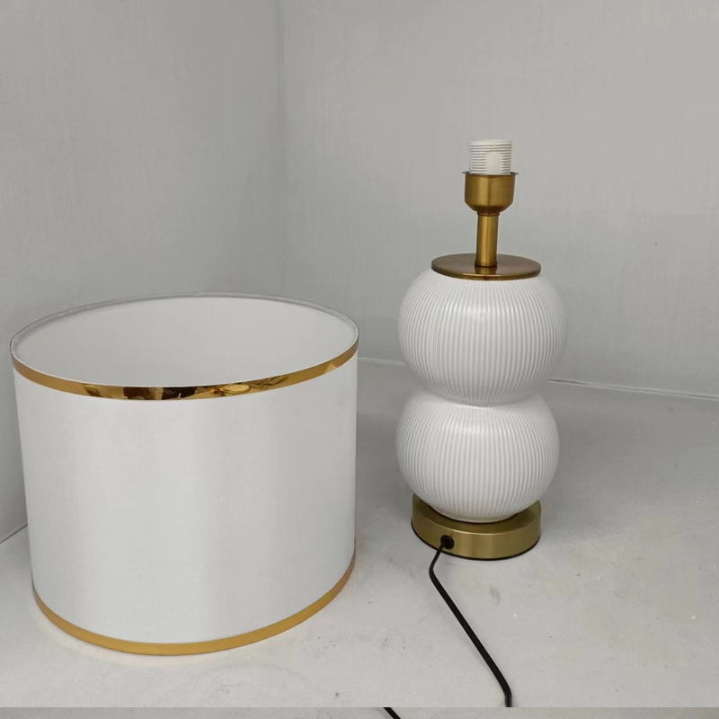Elegant White Ceramic Table Lamp with Gold Metal Base & Fabric Shade