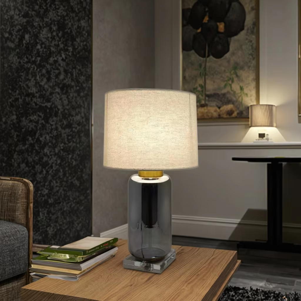 Sleek and Luxurious: Chrome Glass Body Table Lamp with Clear Crystal Base and Linen Shade