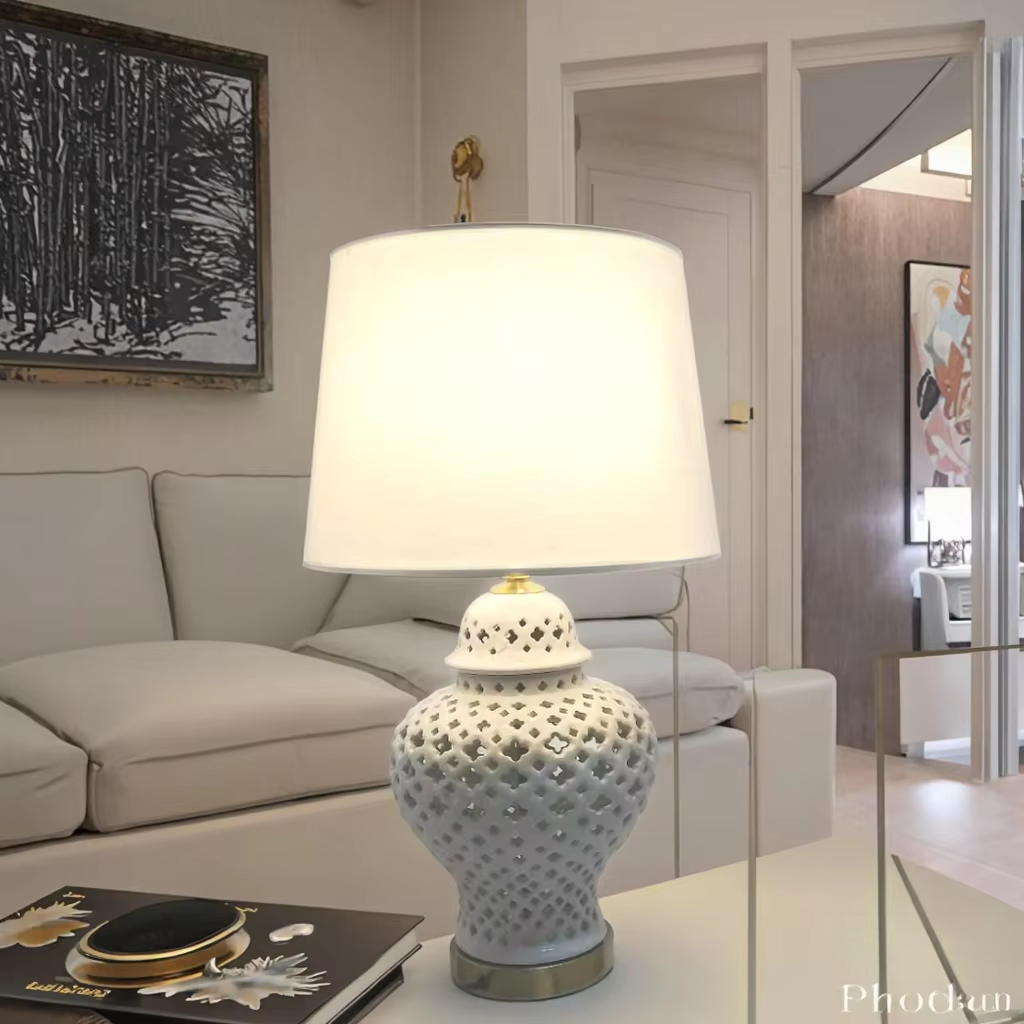 Exquisite Ceramic Table Lamp with Lattice Design - A Touch of Elegance for Your Home