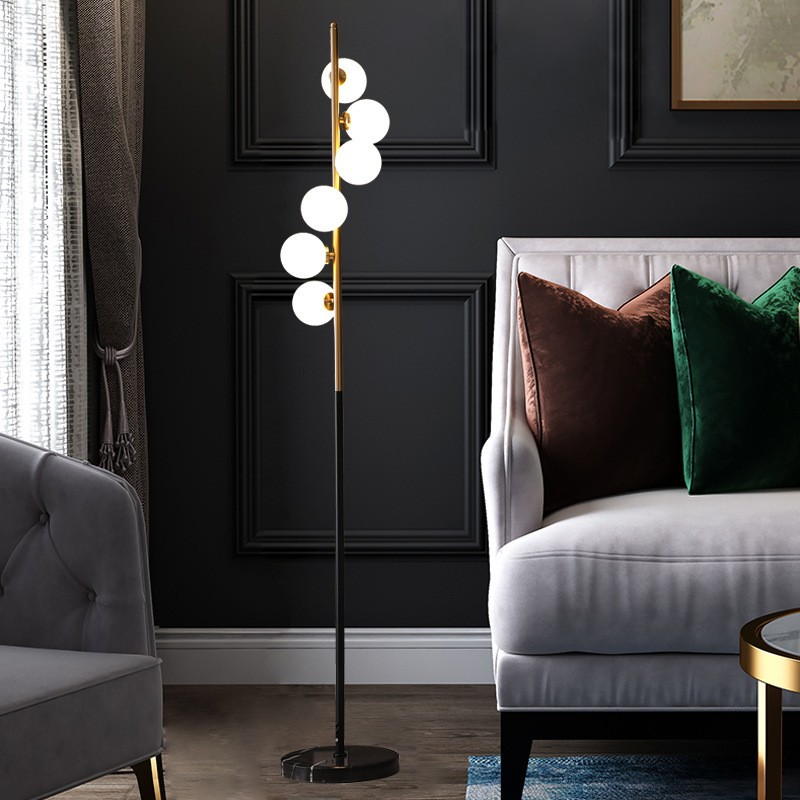 Modern Multi - Globe Floor Lamp | Metal & Marble Base, 6 G4 Sockets, Foot Switch