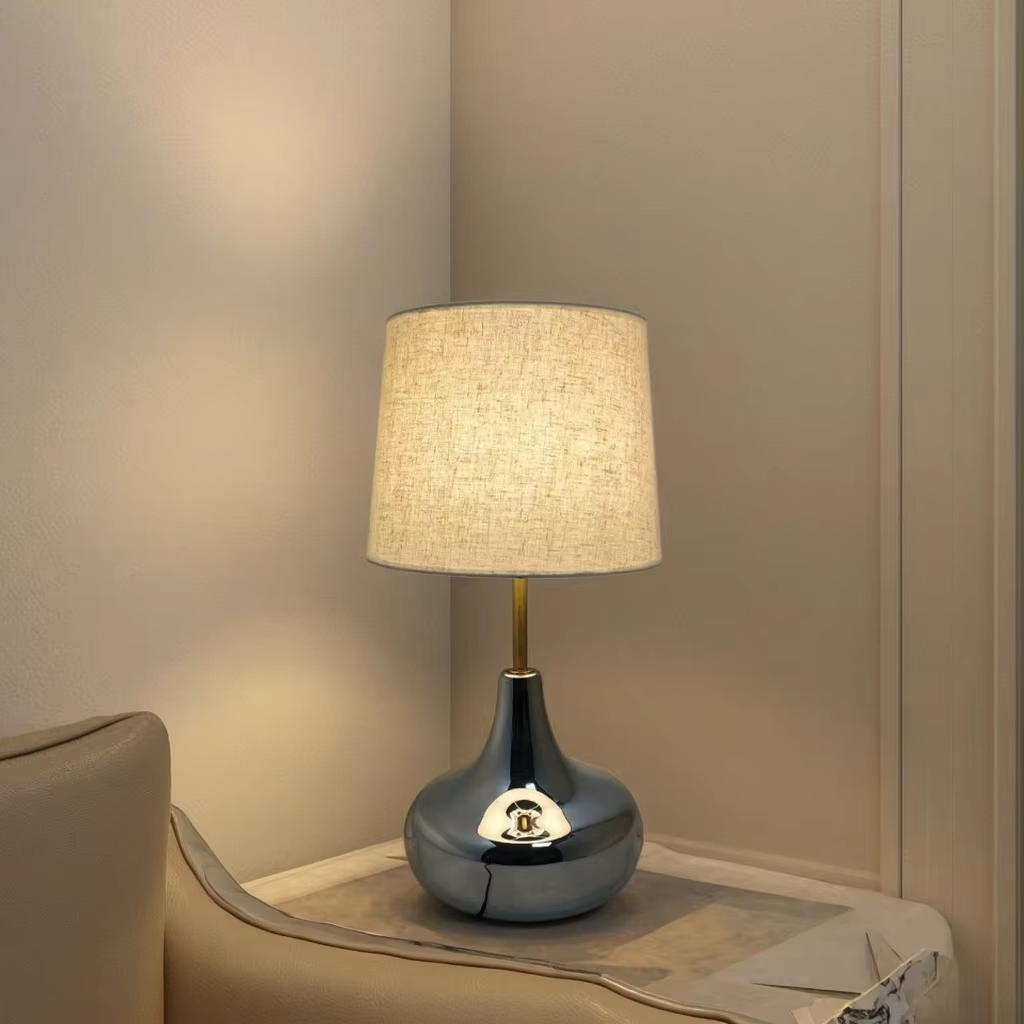 Modern Elegance: Chrome - Glass Base Table Lamp with Linen Shade