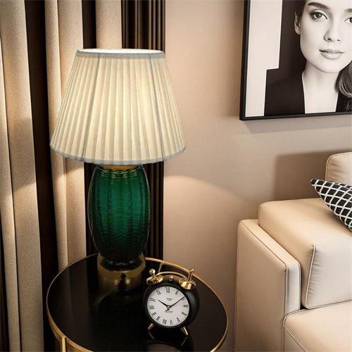 Vintage Green Glass Table Lamp with Pleated Cloth Shade