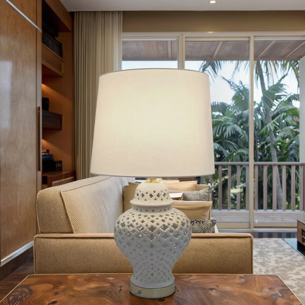 Elegant Ceramic Hollow Table Lamp with Linen Shade