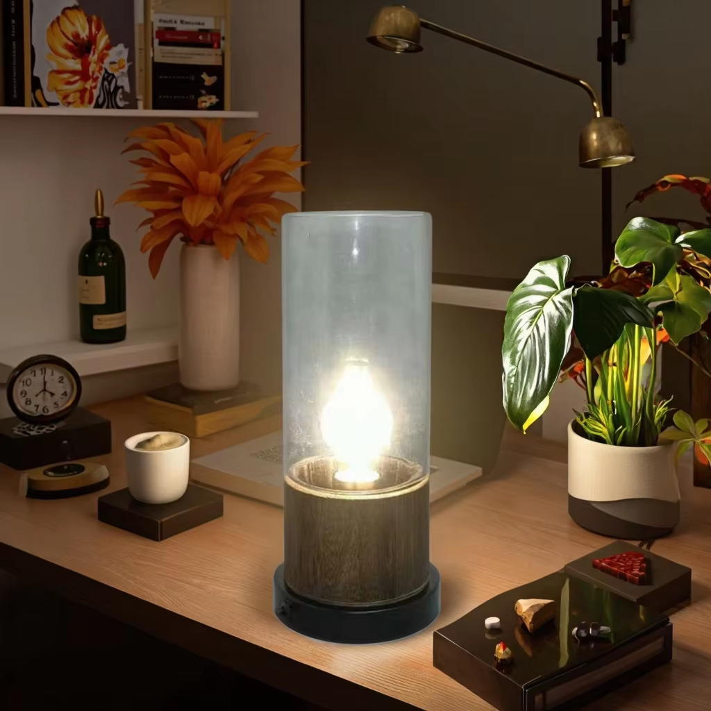 Modern Rustic Fusion: Glass, Wood, and Metal Table Lamp