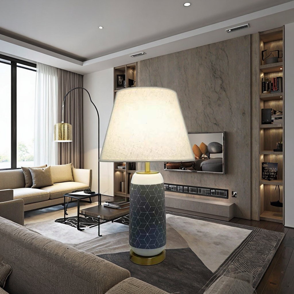 Geometric Pattern Ceramic Table Lamp: A Fusion of Cloth Shade, Metal Base, and Artistic Design Keywords