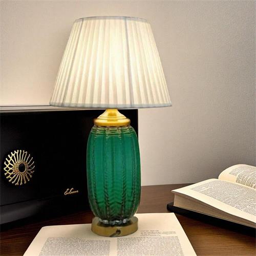 Vintage Green Glass Table Lamp with Pleated Cloth Shade