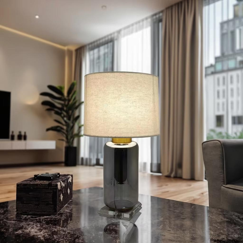Sleek and Luxurious: Chrome Glass Body Table Lamp with Clear Crystal Base and Linen Shade