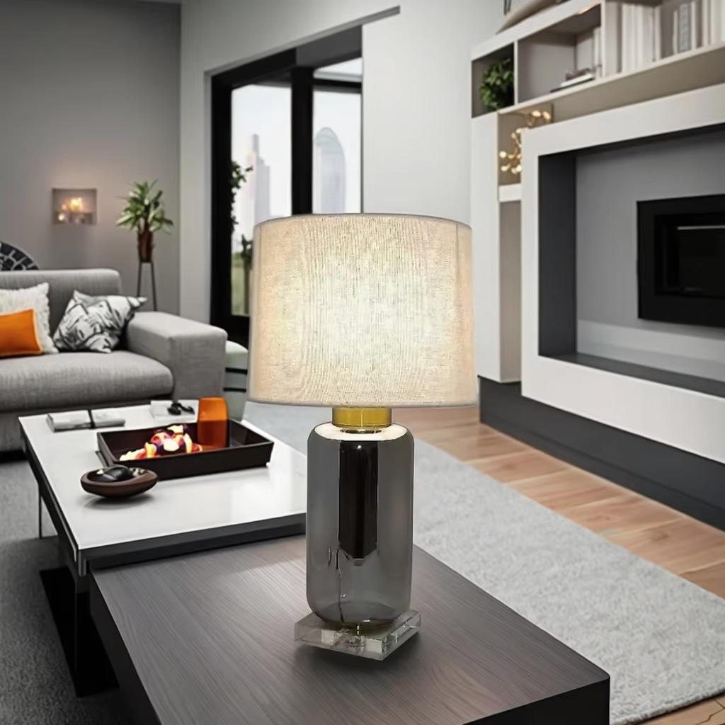 Sleek and Luxurious: Chrome Glass Body Table Lamp with Clear Crystal Base and Linen Shade