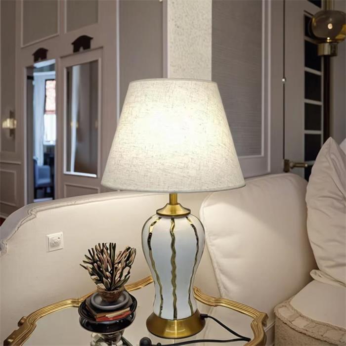 Elegant White Ceramic Table Lamp with Gold Accents & Linen Shade