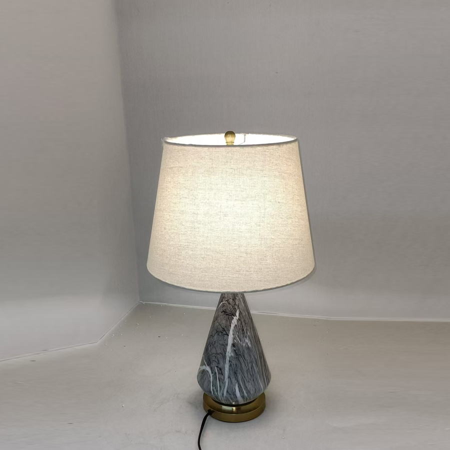 Marble - Textured Ceramic Table Lamp | Linen Shade, Brass - Tone Base, E27 Socket