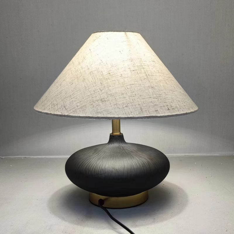 Modern Minimalist Ceramic Table Lamp with Linen Shade and Brass Accents