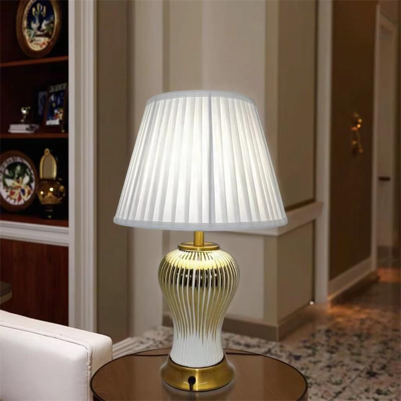 Stylish Gold Striped Ceramic Table Lamp with Linen Shade