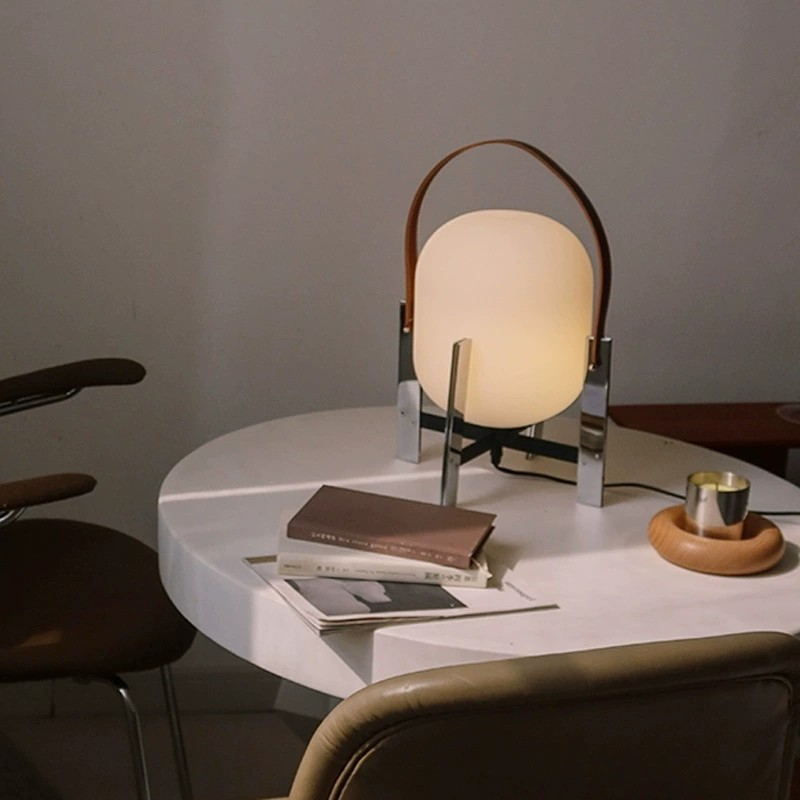 Modern Minimalist Table Lamp: Chrome Metal + Milky Glass + Brown Leather Accents