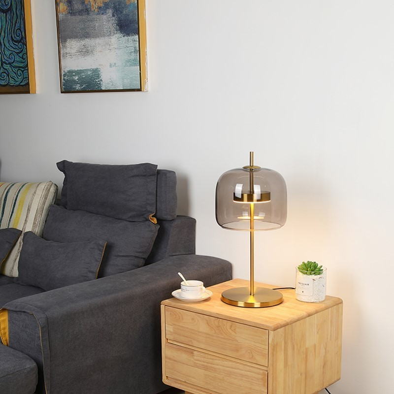 Elegant Modern Table Lamp: Amber/Smoke Gray Glass Shade, Gold Metal Body