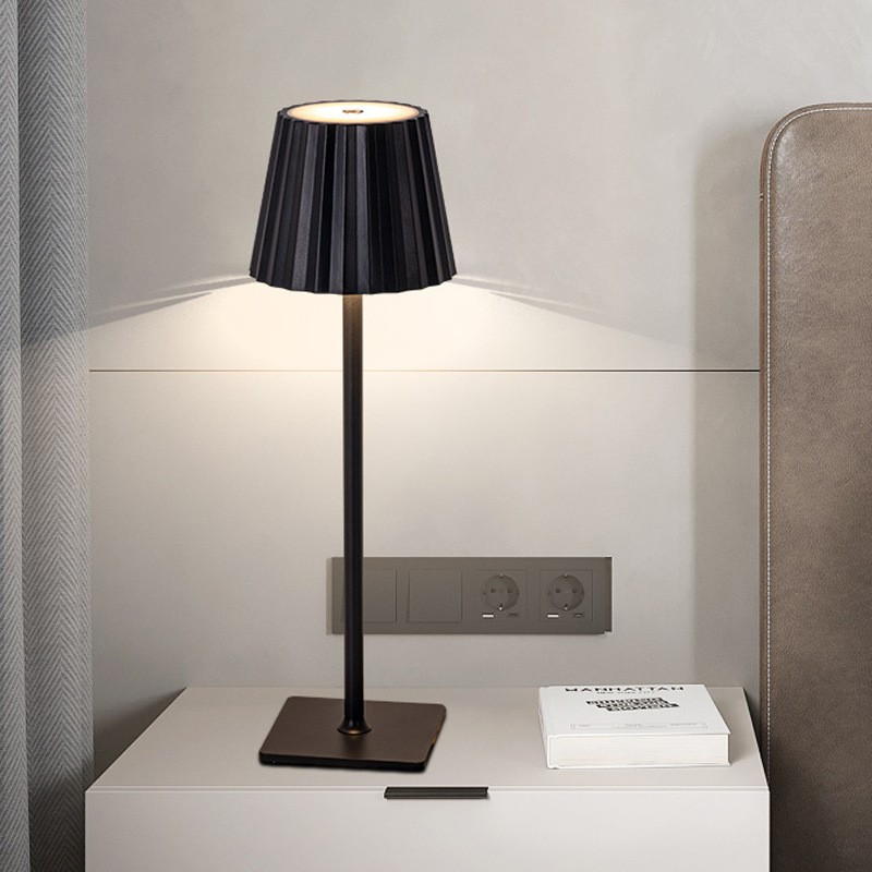 Modern Minimalist Cordless Table Lamp: Black & White Pleated Design