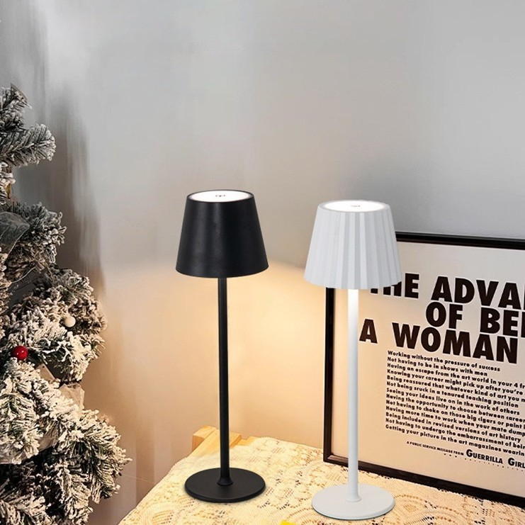 Modern Minimalist Cordless Table Lamp: Black & White Pleated Design