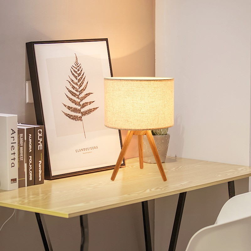 Nordic Natural Style Tripod Table Lamp: Wooden Body, Linen Shade