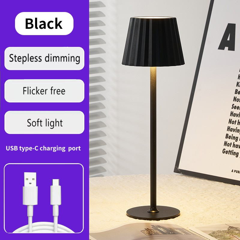 Modern Minimalist Cordless Table Lamp: Black & White Pleated Design