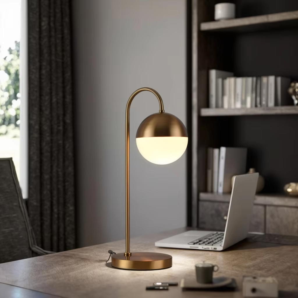 Gold Metal Arc Table Lamp with Milk - White Glass Shade（E14/E12 Base）