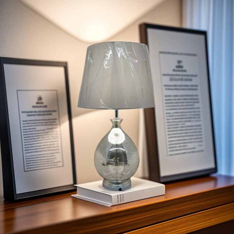Muted - Luxury Silver Glass Table Lamp: Chrome Base, Gray Linen Shade & E26 Versatility
