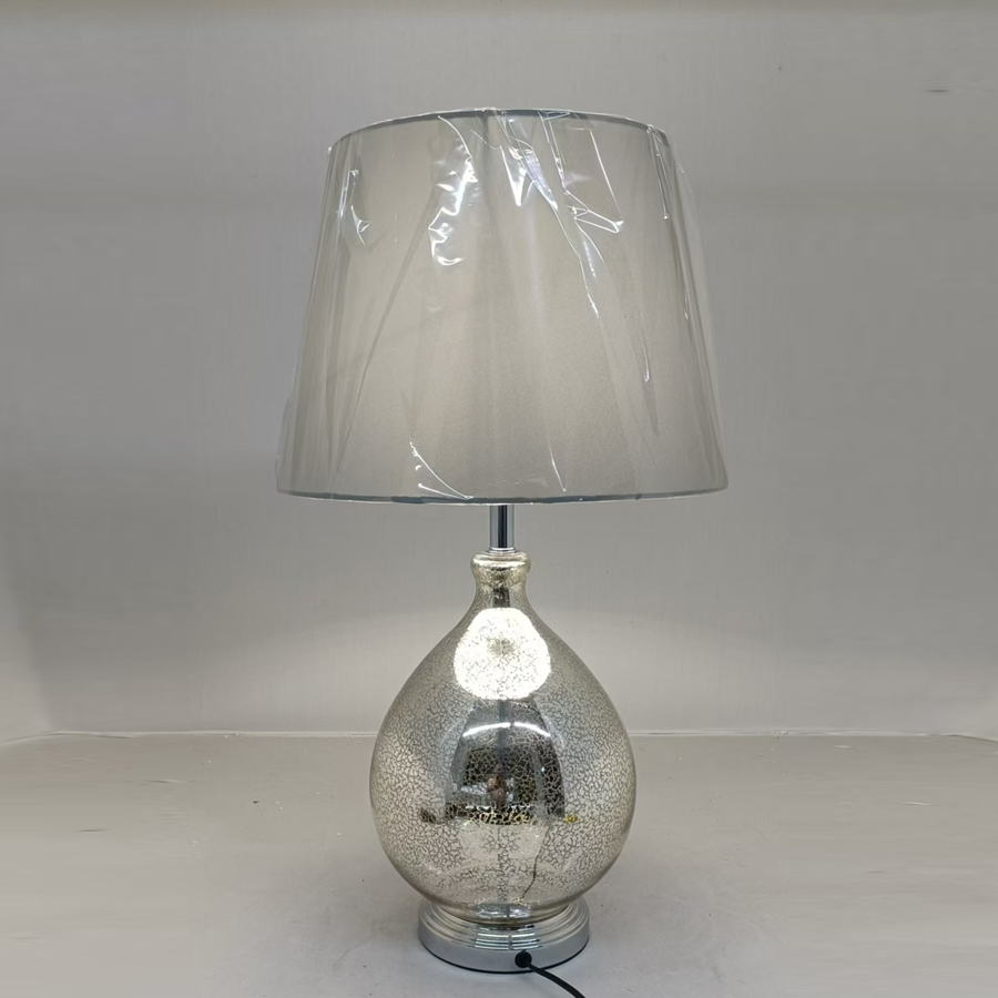 Muted - Luxury Silver Glass Table Lamp: Chrome Base, Gray Linen Shade & E26 Versatility