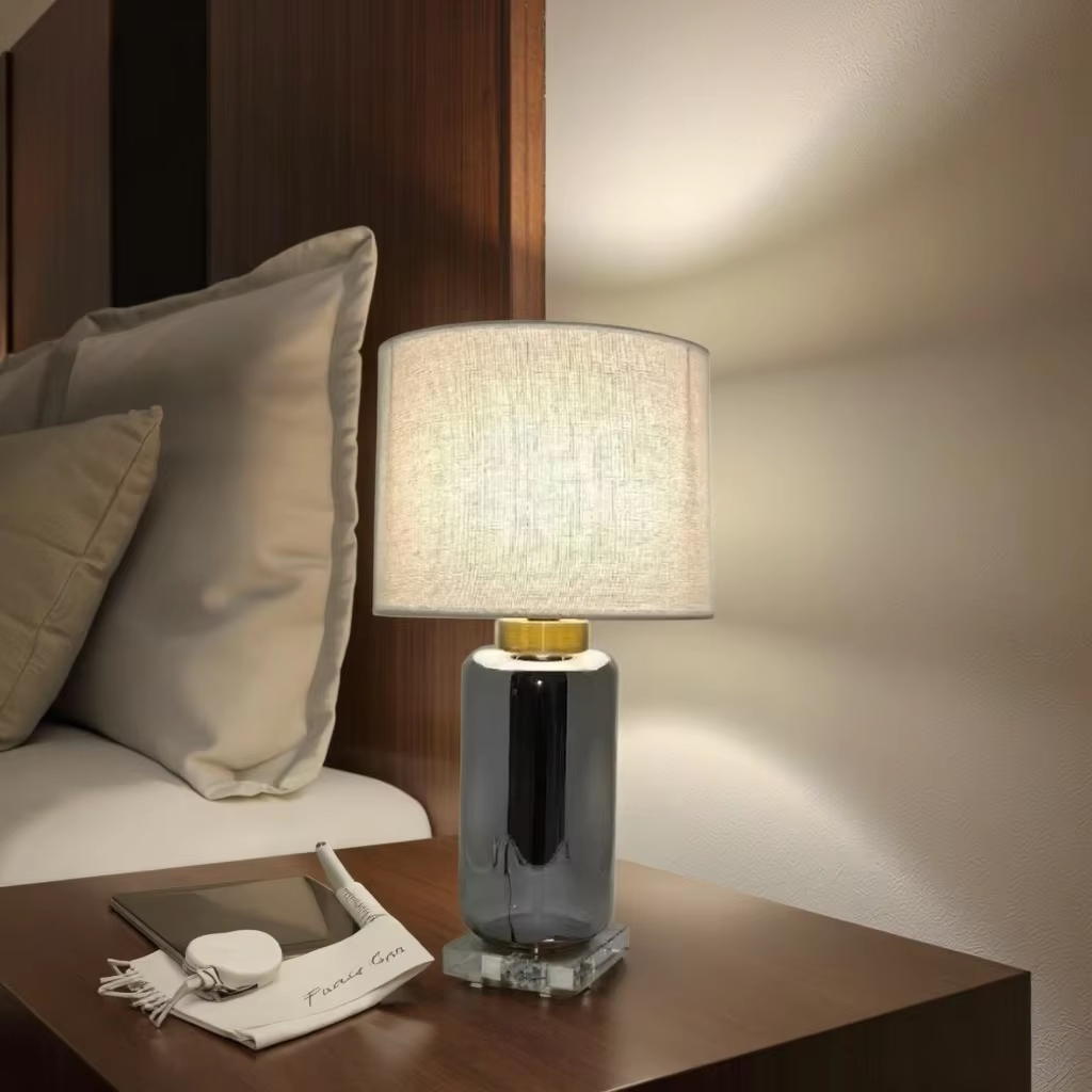 Sleek and Luxurious: Chrome Glass Body Table Lamp with Clear Crystal Base and Linen Shade