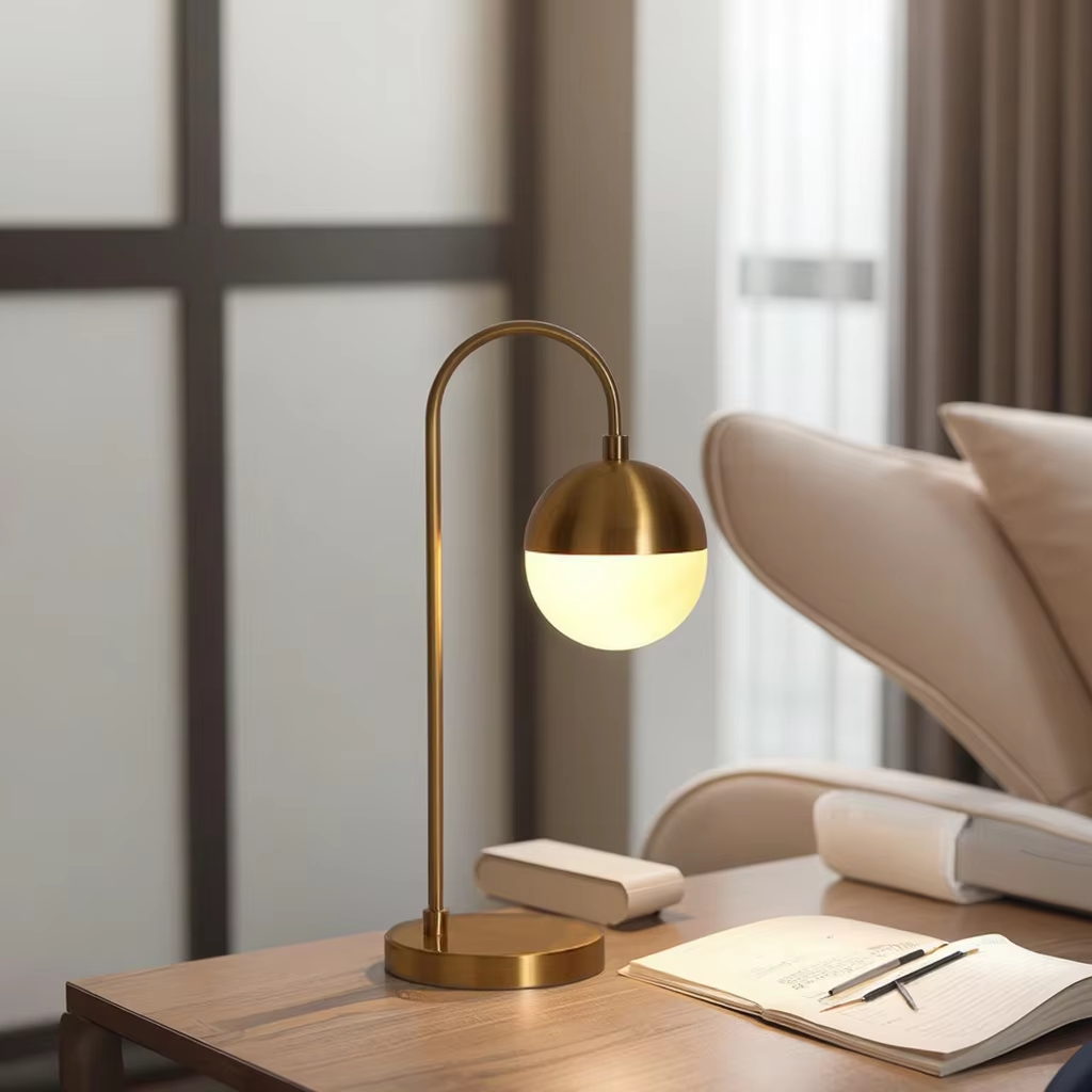 Gold - Toned Arc Table Lamp with White Glass Shade