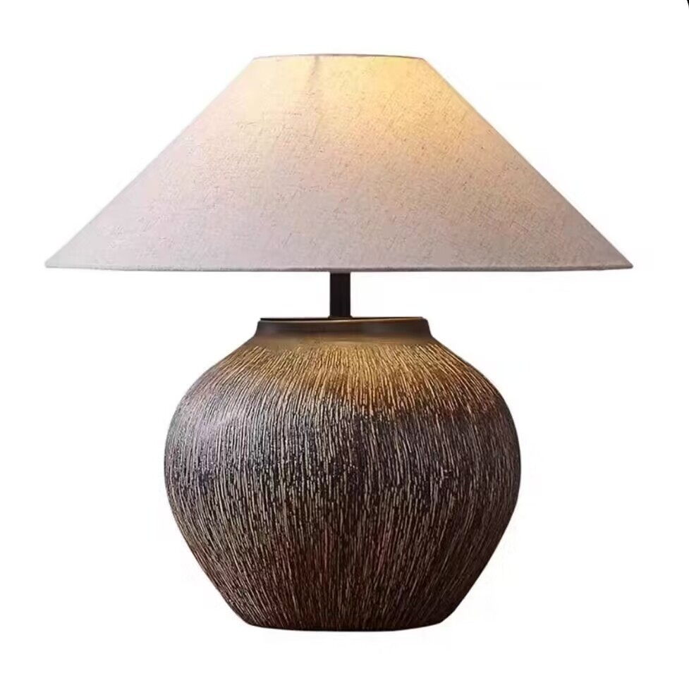 Textured Ceramic Base Table Lamp with Linen Shade (E27 Socket)