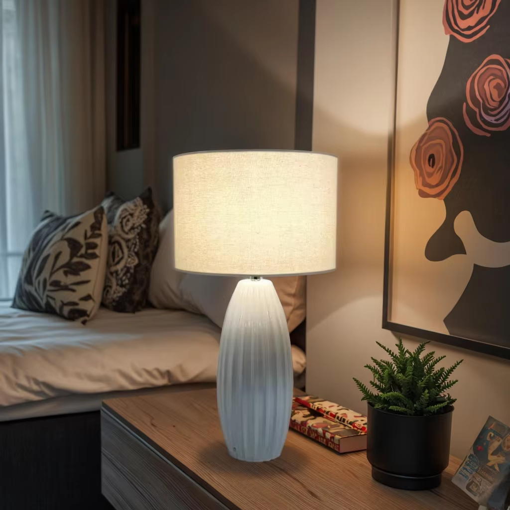 The Perfect Blend of Nature and Elegance: Table Lamp with E27 Lamp Holder, Linen Shade, and White Ceramic Base